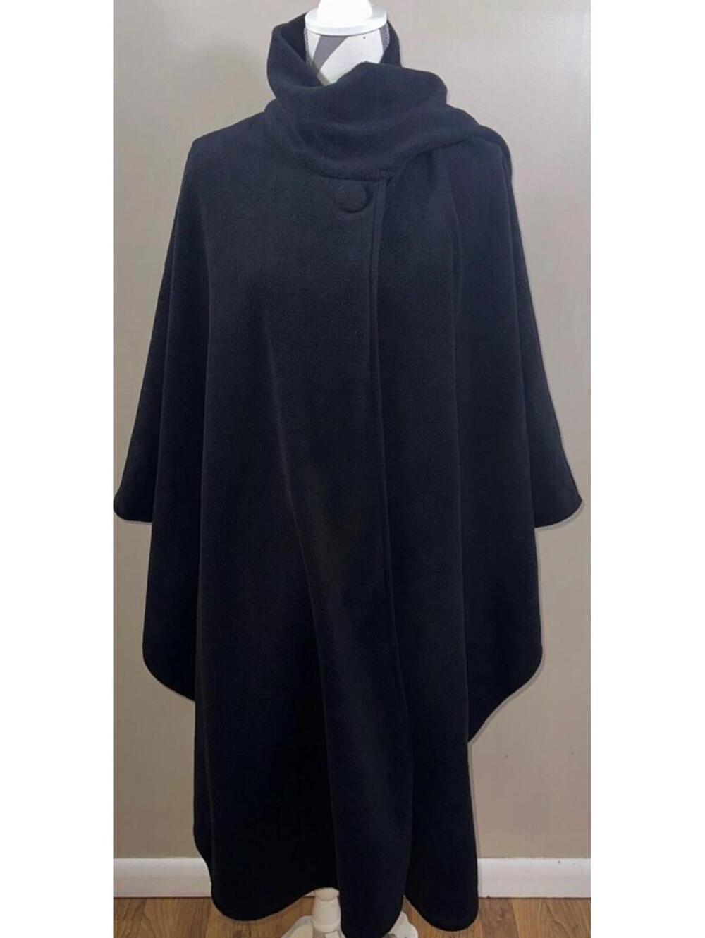 Worthington Women's Black Fleece Poncho Cowl Neck Button Cape Shawl One Size